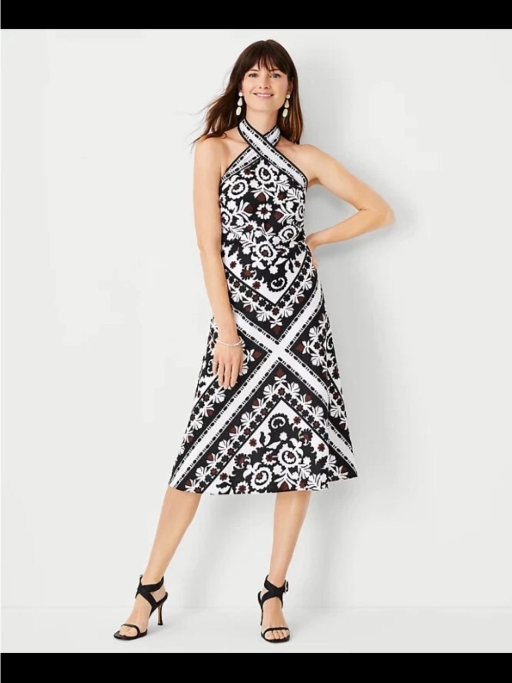 NWOT Ann Taylor Black Baroque Scarf Print Halter Fit Flare Dress Cotton Linen